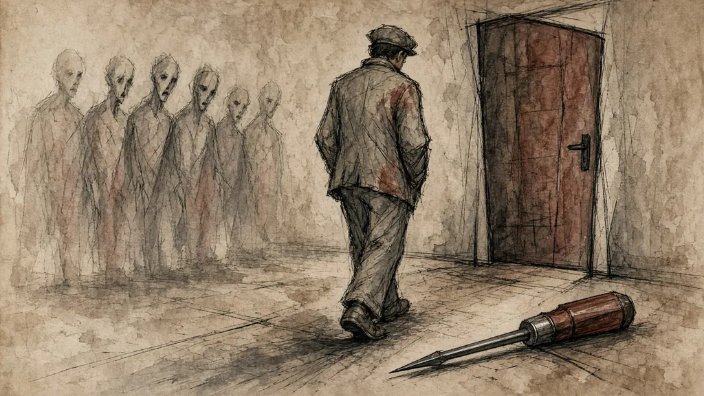 에곤 실레풍 삽화: 흐릿한 무리를 뒤로하고 문으로 걸어가는 노동자의 뒷모습과 바닥의 송곳